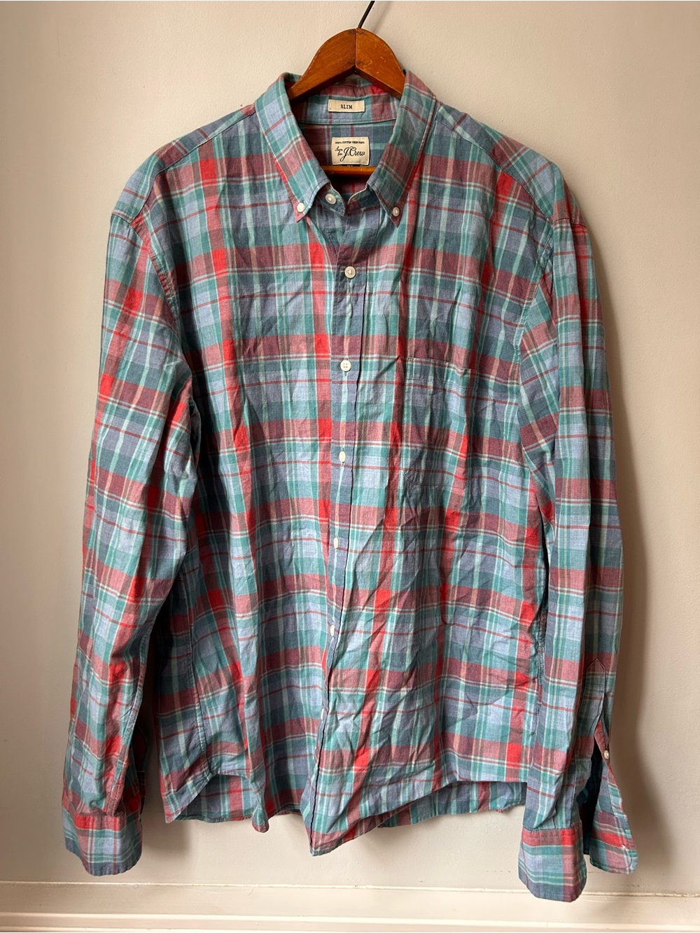 Men’s J Crew Teal Checkered Plaid Slim Fit Button Down Shirt Size XL